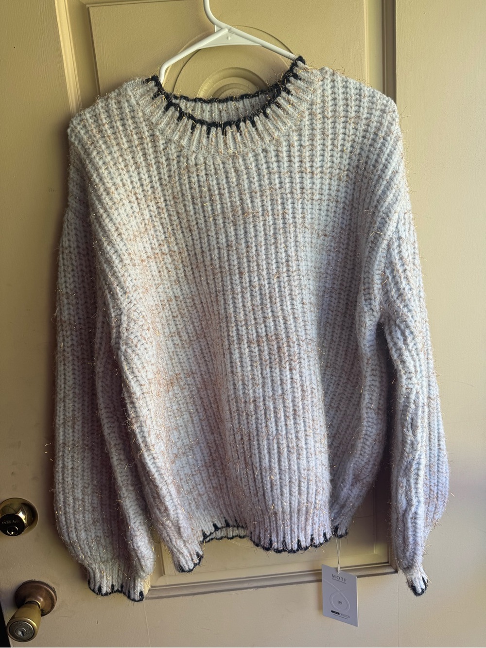 Cozy Ivory Rib-Knit Women's Sweater with Black Trim